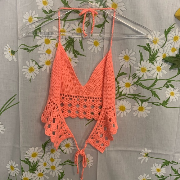 2 coral pink and sun yellow crochet bralette tops - Picture 4 of 8